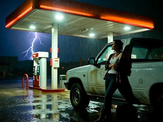 At a gas station forecourt at night, a woman in a white tank top and open flannel shirt steps away from a pickup truck, holds a palm out into heavy rain and looks up laughing as lightning flashes