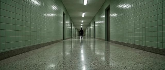 A low, slowly drifting shot down a long green-tiled corridor with a single figure walking away into the distance