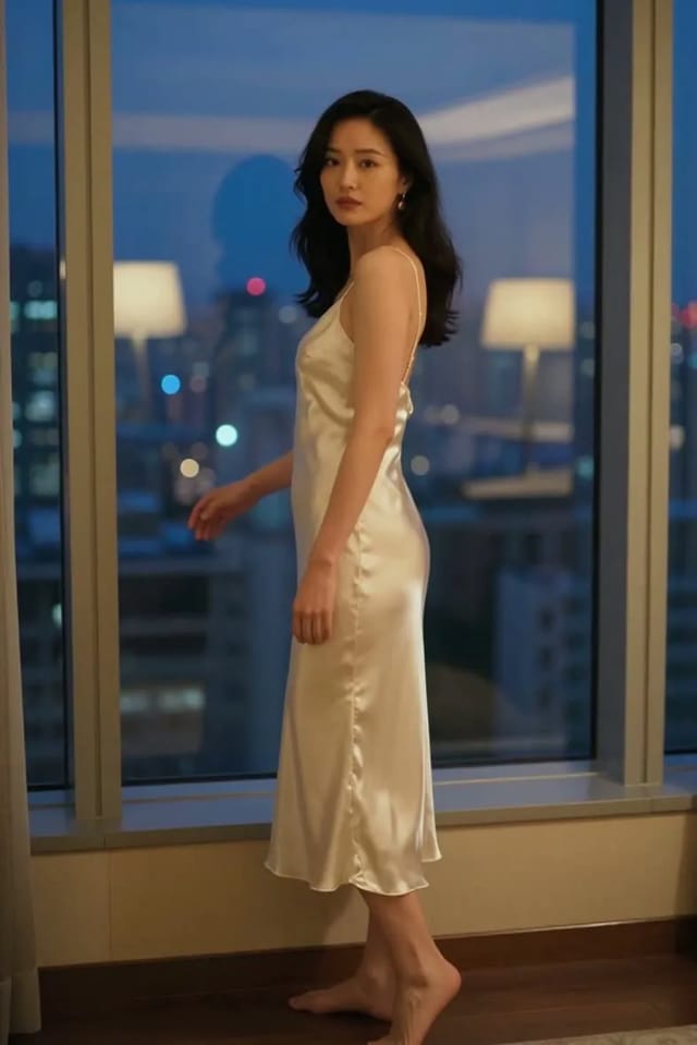 A woman in an ivory silk slip turning from a floor-to-ceiling hotel window at night, city lights behind her