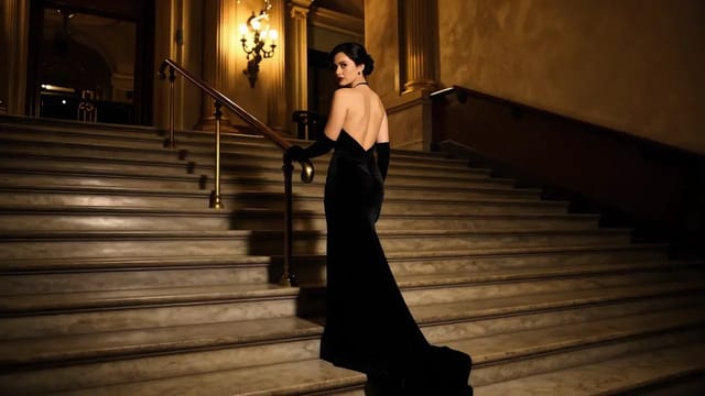 A woman in a backless black velvet gown and long gloves climbs a marble opera house staircase, glancing back over her shoulder as the train drags behind her