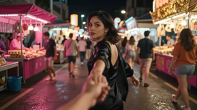 A first-person shot of a woman in black satin taking the viewer's hand and running through a neon night market, laughing back over her shoulder