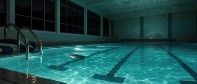 A wide, low shot of an empty indoor pool at night lit from underwater as a single swimmer glides along a lane
