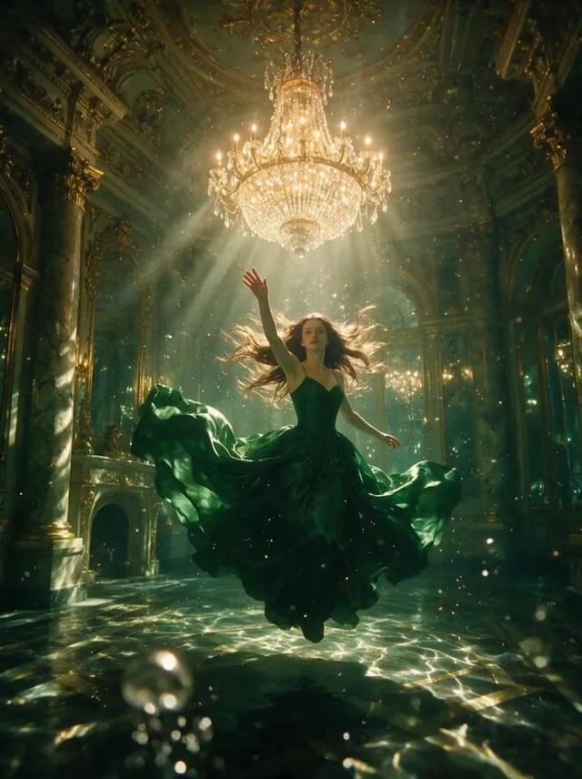 A woman in an emerald gown floats weightless in the middle of a flooded gilded ballroom, hair and skirt drifting upward, a lit crystal chandelier above her casting rays down through the water