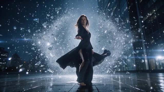 Barefoot on a wet city plaza at night, a woman in a black gown with a high slit spins away from a wall of flying glass and snow, then looks back over her shoulder