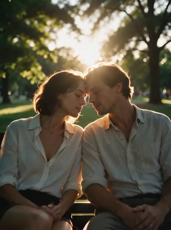 A backlit couple in white shirts sit close on a park bench under trees, foreheads together, then settle back as she drapes her legs across his lap