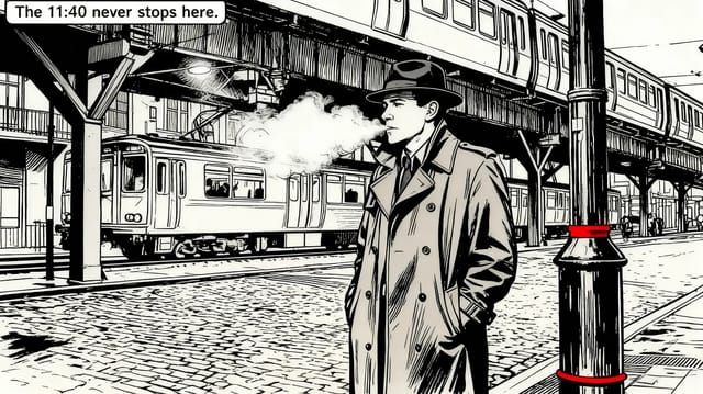 Graphic-novel ink drawing of the man in a trench coat under the elevated railway, a red band on the lamppost and a caption reading “The 11:40 never stops here.”