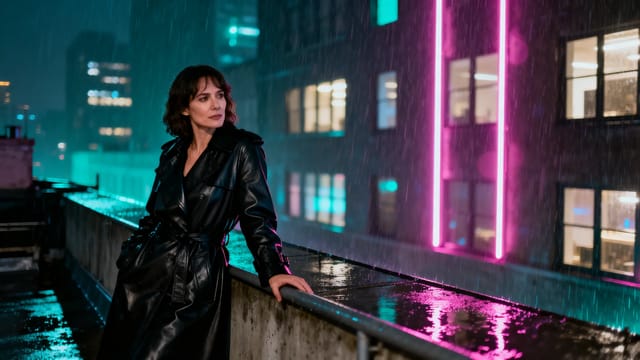 A woman in a black leather trench coat leans on a wet rooftop railing at night, magenta neon and lit windows behind her.
