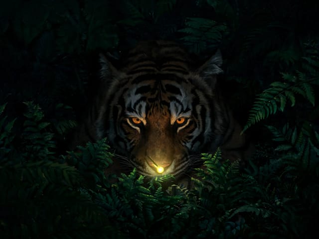 A tiger crouched low in dark ferns, its face lit by a single glowing firefly at the tip of its nose.