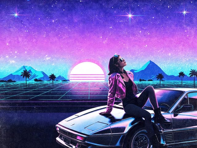 1980s airbrush-style poster of a woman in a magenta jacket and aviators sitting on a chrome sports car in front of a neon sunset over a grid.