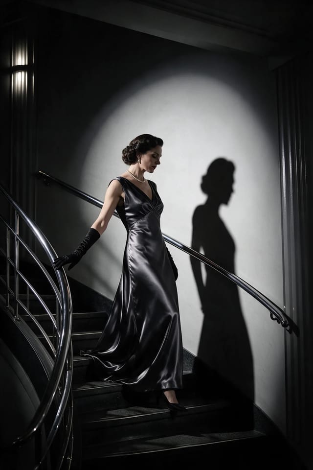 A woman in a floor-length satin gown and long gloves descends a curved art deco staircase, her shadow cast large on the wall.