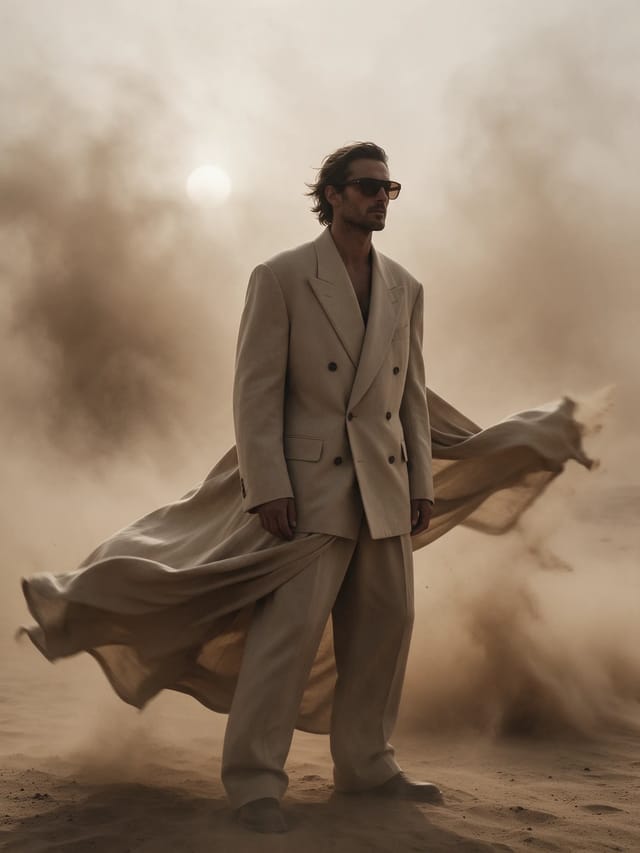 A man in an oversized sand-coloured double-breasted suit and dark glasses stands in a desert dust storm, fabric whipping behind him.