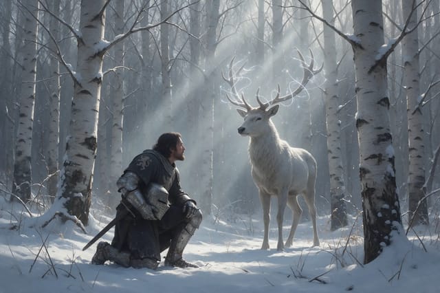A knight in battered silver armour kneels in a snowy birch forest before a white stag with softly glowing antlers.