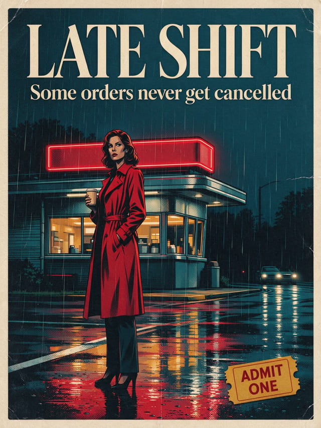 Retro film poster: a woman in a red trench coat holding a paper coffee cup stands by a rainy-night diner cart under a red neon sign, with a cream serif title reading LATE SHIFT, a tagline line beneath, and a yellow ADMIT ONE ticket stub at lower right.