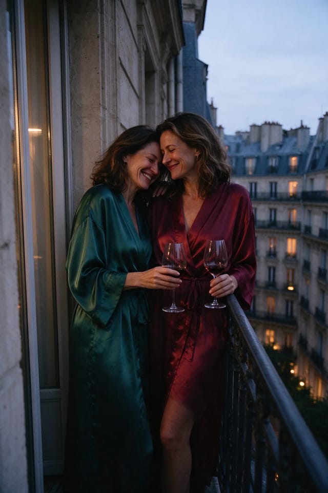 Two women smile at each other on a narrow Paris balcony, one resting her head on the other's shoulder, a red wine glass on the wrought-iron railing at blue hour.
