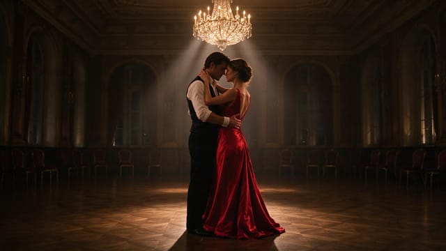 In an empty ballroom after closing, a man in a black waistcoat and a woman in a backless red satin gown dance close, her hand on the back of his neck, foreheads almost touching, under a crystal chandelier with dust in the light shaft.