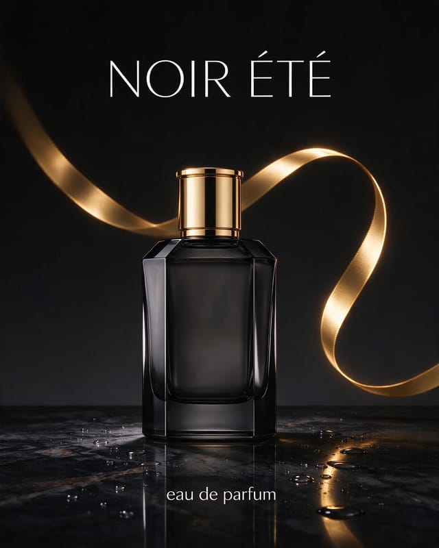 Perfume ad: a smoked faceted glass bottle with a gold cap on wet black marble, a gold ribbon sweeping behind it, thin white NOIR ETE headline with accents at the top and small eau de parfum text below.