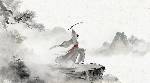 An ink-wash painting of a swordswoman in wide white sleeves and a red sash sweeping her blade on a misty cliff edge, pine branches and far peaks behind.