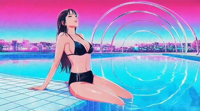 A flat airbrush-style illustration of a woman in a black bikini sitting at the edge of a neon-lit rooftop pool, pushing her wet hair back as the water ripples.