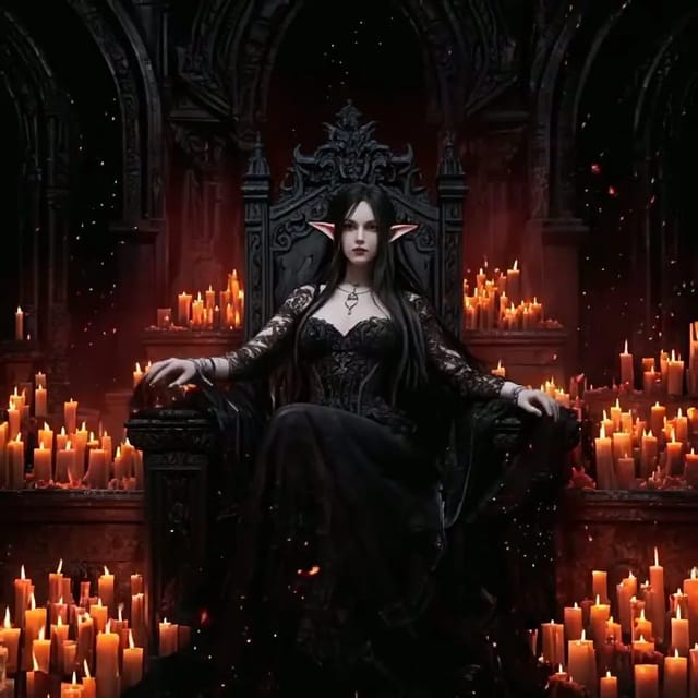 Candle flames sway across a crypt as a painted elven sorceress lifts her hand from a stone armrest, turns toward camera and a sheer lace sleeve slides down her forearm, embers drifting upward.