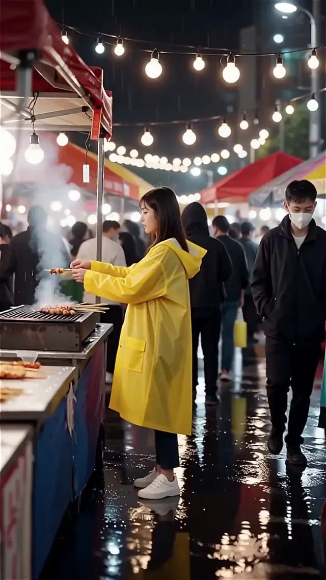 Vertical shot of a young woman in a yellow raincoat taking a skewer from a smoky grill stall at a rainy night market and walking toward the camera.