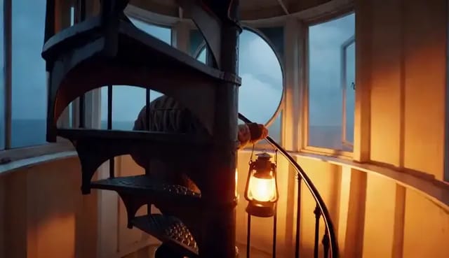 An older man in a wool sweater climbs an iron spiral staircase inside a lighthouse with a lit lantern and looks out at a storm over the sea.