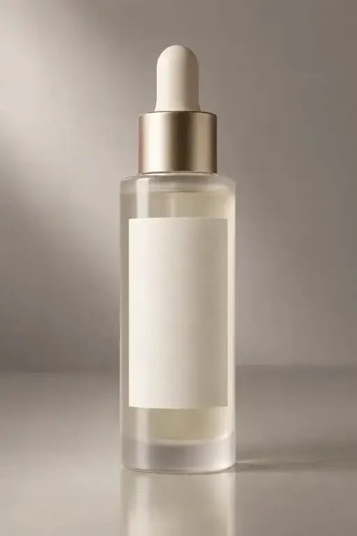 A dropper bottle of serum on a pale counter while the camera arcs a quarter turn around it and a band of window light slides across the glass.