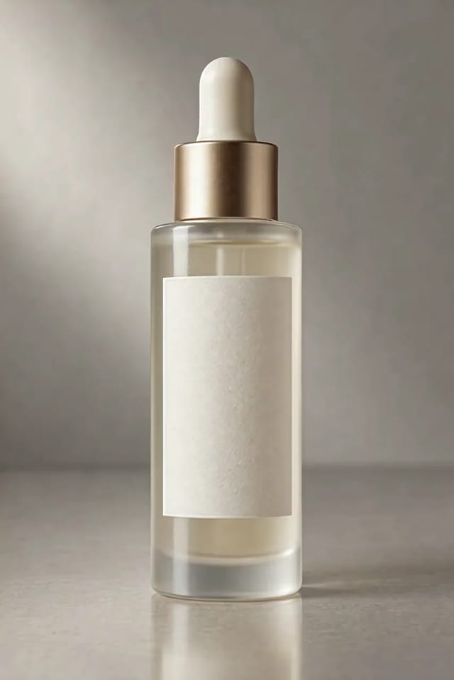 A dropper releases a drop into a clear serum bottle and rings spread across the counter around its base, in locked macro framing.