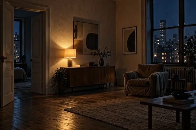 Three shots of a quiet apartment at night: city lights blinking on, a blanket sliding onto the rug, and the front door opening onto hallway light.