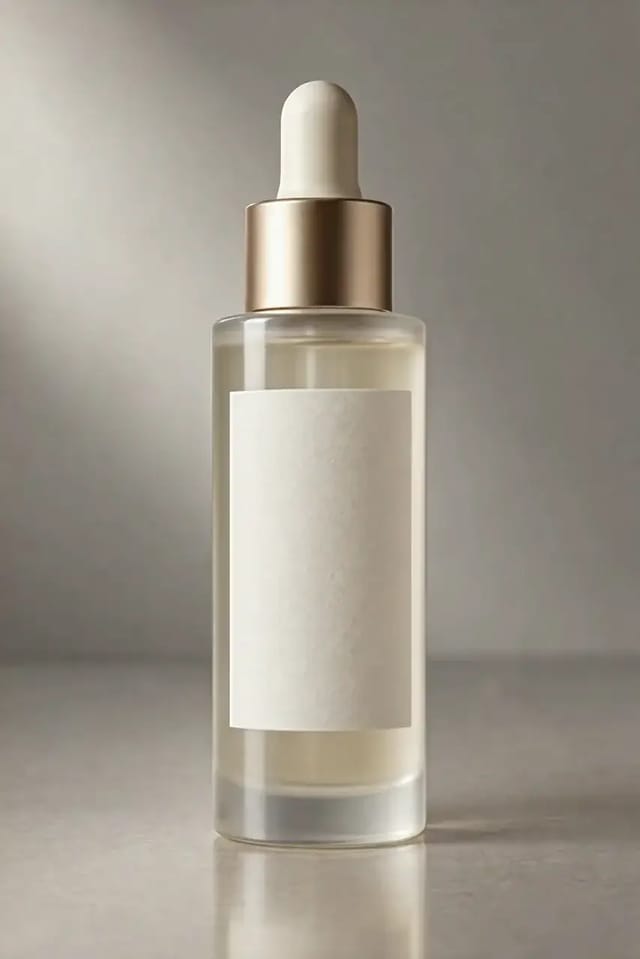 A single drop falls from a dropper into an open serum bottle and rings ripple out across the surface around its base, in soft side light.
