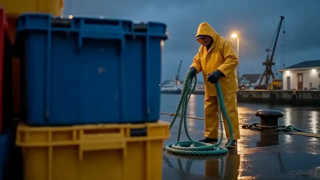 A fisherman in a yellow oilskin coils wet rope on a rain-soaked quay at dusk and raises a hand to a passing ferry.