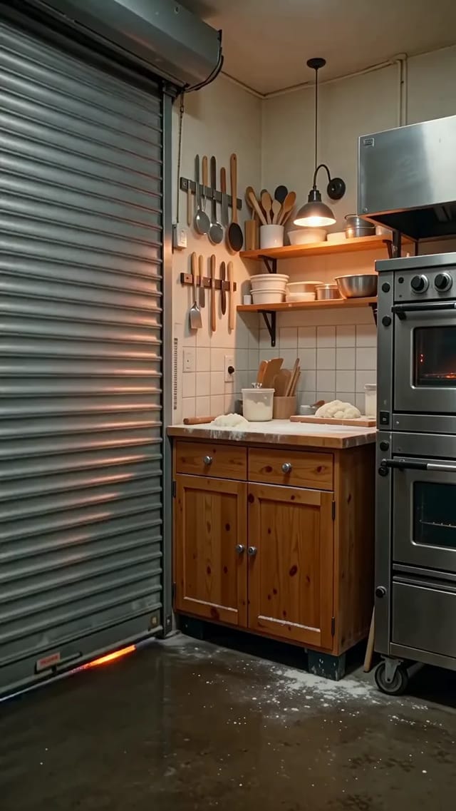 Three vertical shots in a small bakery at dawn: the shutter rolling up, floured hands shaping a loaf, and a tray of rolls going into a glowing oven.