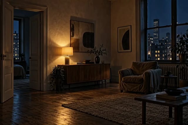 An empty apartment at night in three shots: a lamp and the city lights outside, a blanket slipping off an armchair, and the front door swinging open onto warm hall light.