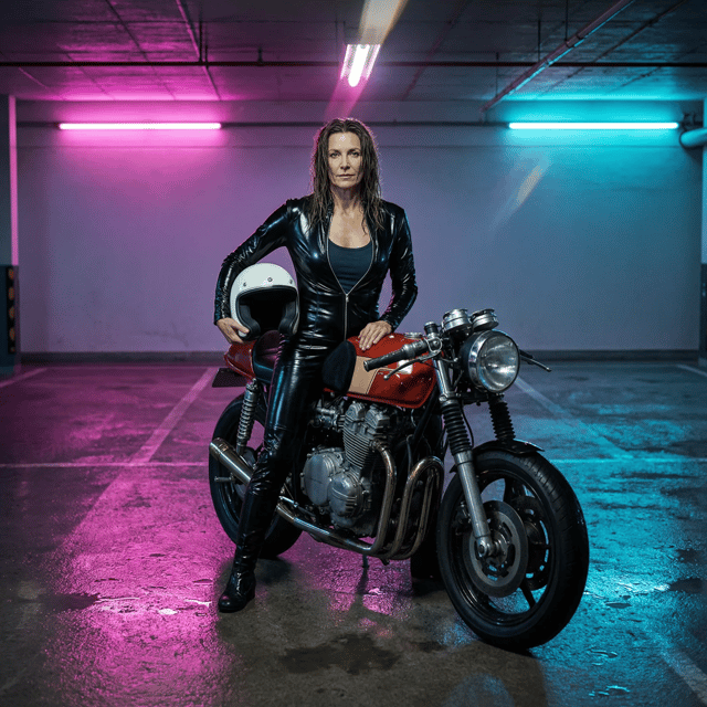 A woman in a glossy black leather catsuit unzipped over a dark tank top sits on a cafe racer in a neon-washed underground garage, helmet under one arm, wet concrete reflecting magenta and cyan.