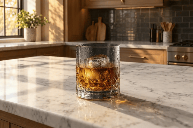 A cut-crystal whisky glass with ice and condensation on a marble kitchen counter in warm afternoon sun.