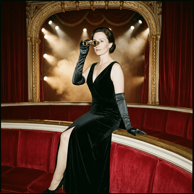 A woman in a black velvet gown and long satin gloves sits on the rail of a red velvet opera box, raising opera glasses, stage lights and haze behind her.