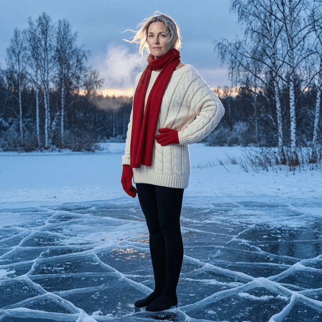 A woman in a cream cable-knit sweater, black tights and a red scarf stands on cracked black ice at blue hour, bare birch trees behind her.