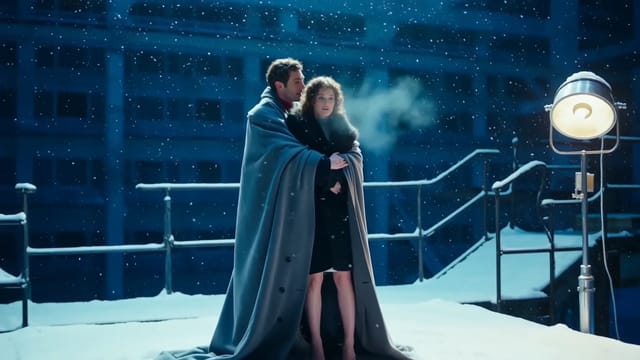 A man and a woman wrapped together in one grey overcoat on an empty snowy platform at night, breath clouding under a flickering lamp.