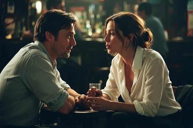 A man and a woman lean across a bar table in conversation, covered from three angles that end on their two faces almost touching.