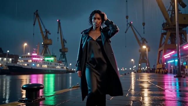 A woman in a long black trench coat walks along a rain-soaked harbour quay at night toward the camera, neon reflections on the wet stones.