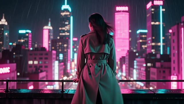 Three cuts on a neon-lit rooftop at night: the city skyline, a woman in a trench coat at the parapet, and a close-up of her hands on the coat’s belt.
