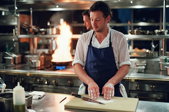 A chef in a blue apron works at a steel counter as a pan flares up behind him, then a second cook steps in close behind him in the busy restaurant kitchen.