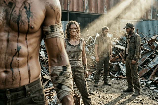 A post-apocalyptic scrapyard with figures at three depths: a bandaged figure out of focus up front, a dusty woman in a tank top in focus, two men behind in a shaft of light.