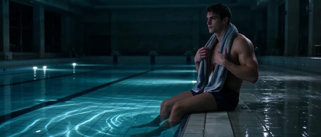 A young swimmer at an empty indoor pool at night pulls a towel from his shoulders, dives in and glides underwater as cyan ripples spread across the tiled wall.