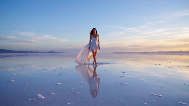 A barefoot woman in a white slip dress walks through a thin sheet of water on a mirror-like salt flat at blue hour, trailing a long sheer scarf, then spins
