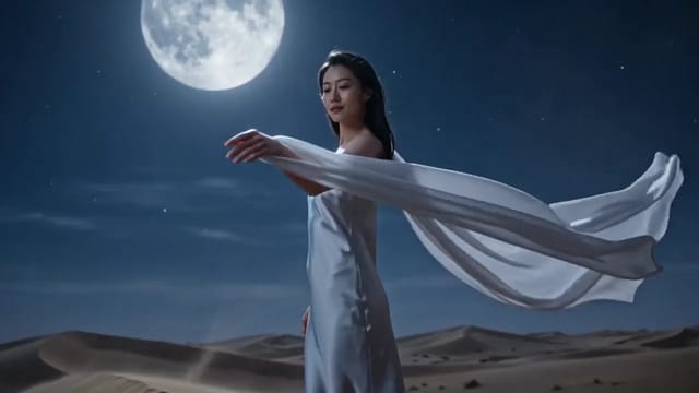 A woman in a pale silver slip dress stands on a desert dune crest under a huge full moon as a long sheer scarf streams and wraps around her arm