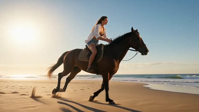 A woman in an open linen shirt and shorts gallops a dark horse along the edge of the surf, sand spraying, riding past the camera toward the low sun