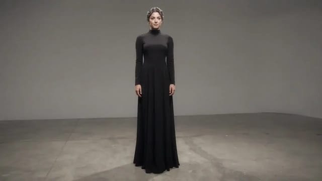 A woman in a black high-necked long dress stands still in an empty grey studio as the camera circles slowly around her