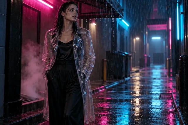A woman in a clear raincoat and black satin stands still in a neon-lit alley while the rain falls and a tube light flickers overhead