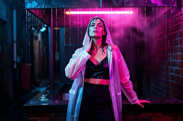 In a rain-soaked alley lit by magenta and cyan neon, a woman in a transparent hooded raincoat over black satin pulls the collar close and gives a slow half-smile