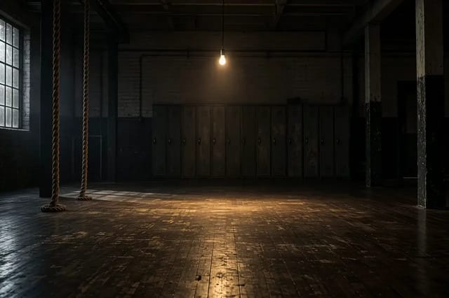 An empty old gymnasium with climbing ropes, lockers and a single hanging bulb swinging slowly, dust drifting through the light